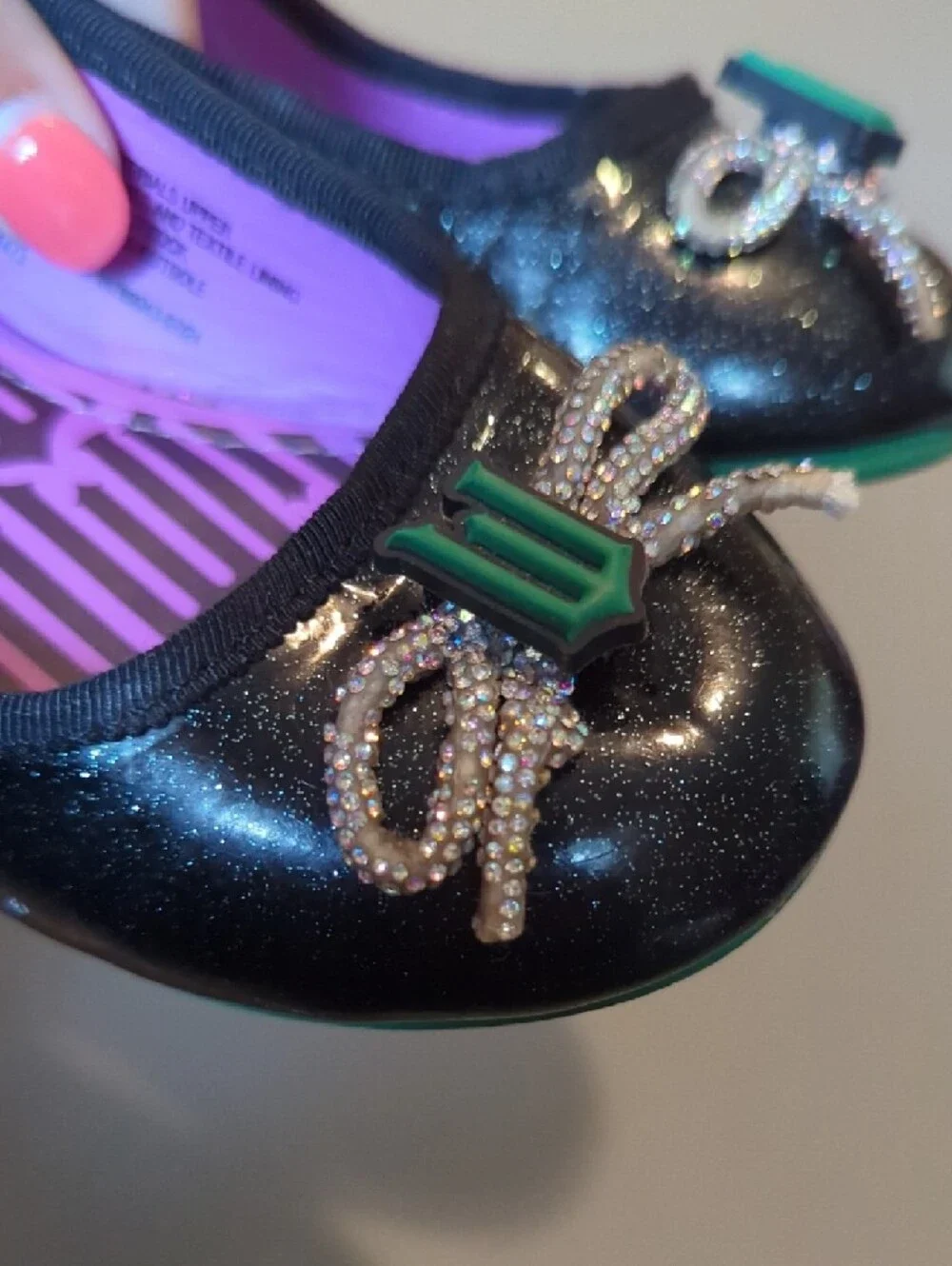 Wicked Ballet Flats Black Glitter Bows size 10